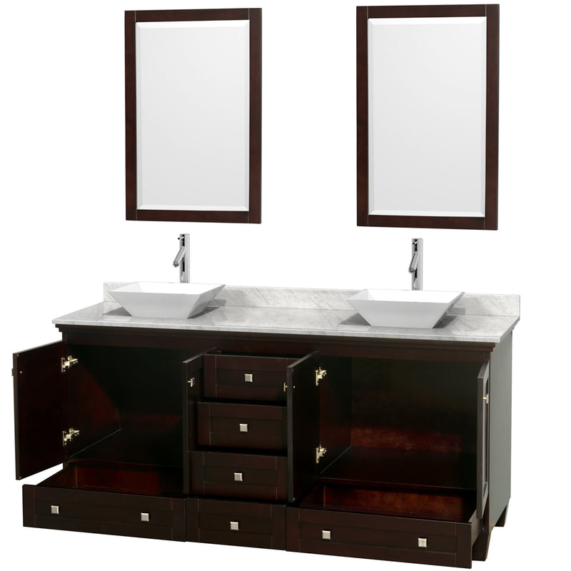 Wyndham Acclaim 72" Double Bathroom Vanity In Espresso White Carrara Marble Countertop Pyra White Sinks and 24" Mirrors WCV800072DESCMD2WM24