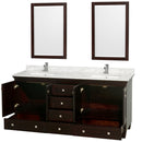 Wyndham Acclaim 72" Double Bathroom Vanity In Espresso White Carrara Marble Countertop Undermount Square Sinks and 24" Mirrors WCV800072DESCMUNSM24