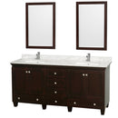 Wyndham Acclaim 72" Double Bathroom Vanity In Espresso White Carrara Marble Countertop Undermount Square Sinks And 24" Mirrors WCV800072DESCMUNSM24