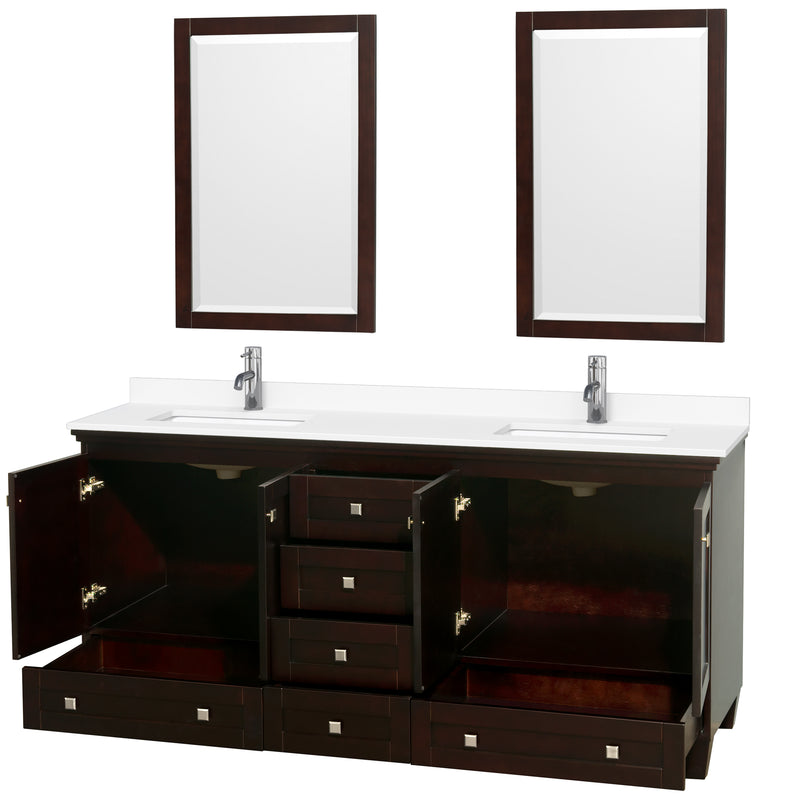 Wyndham Acclaim 72" Double Bathroom Vanity In Espresso White Cultured Marble Countertop Undermount Square Sinks and 24" Mirrors WCV800072DESWCUNSM24