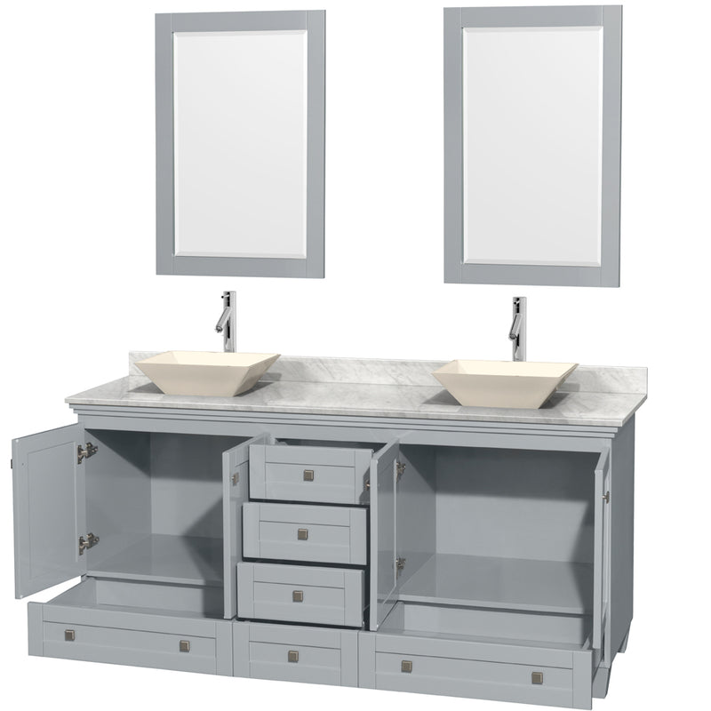 Wyndham Acclaim 72" Double Bathroom Vanity In Oyster Gray White Carrara Marble Countertop Pyra Bone Porcelain Sinks and 24" Mirrors WCV800072DOYCMD2BM24