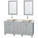 Wyndham Acclaim 72" Double Bathroom Vanity In Oyster Gray White Carrara Marble Countertop Pyra Bone Porcelain Sinks And 24" Mirrors WCV800072DOYCMD2BM24