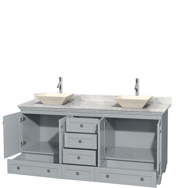 Wyndham Acclaim 72" Double Bathroom Vanity In Oyster Gray White Carrara Marble Countertop Pyra Bone Porcelain Sinks and No Mirrors WCV800072DOYCMD2BMXX