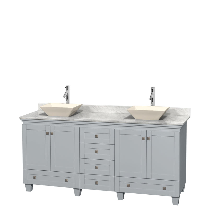 Wyndham Acclaim 72" Double Bathroom Vanity In Oyster Gray White Carrara Marble Countertop Pyra Bone Porcelain Sinks And No Mirrors WCV800072DOYCMD2BMXX