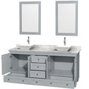 Wyndham Acclaim 72" Double Bathroom Vanity In Oyster Gray White Carrara Marble Countertop Pyra White Porcelain Sinks and 24" Mirrors WCV800072DOYCMD2WM24