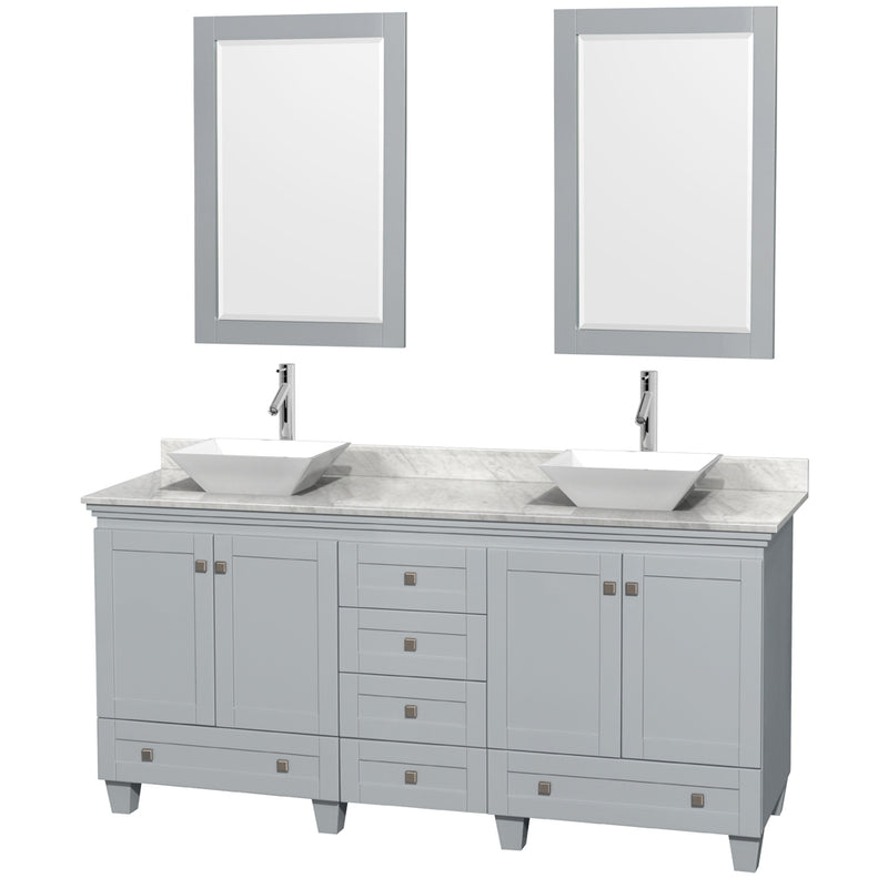 Wyndham Acclaim 72" Double Bathroom Vanity In Oyster Gray White Carrara Marble Countertop Pyra White Porcelain Sinks And 24" Mirrors WCV800072DOYCMD2WM24