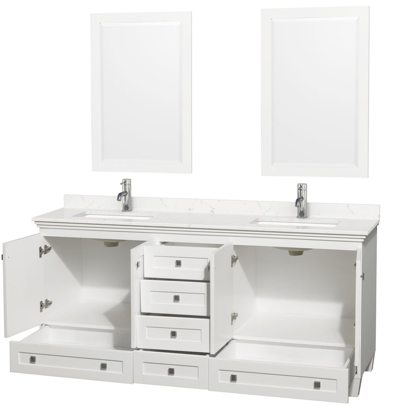 Wyndham Acclaim 72" Double Bathroom Vanity In White Light-Vein Carrara Cultured Marble Countertop Undermount Square Sinks and 24" Mirrors WCV800072DWHC2UNSM24