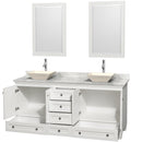 Wyndham Acclaim 72" Double Bathroom Vanity In White White Carrara Marble Countertop Pyra Bone Sinks and 24" Mirrors WCV800072DWHCMD2BM24