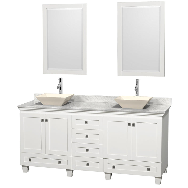 Wyndham Acclaim 72" Double Bathroom Vanity In White White Carrara Marble Countertop Pyra Bone Sinks And 24" Mirrors WCV800072DWHCMD2BM24