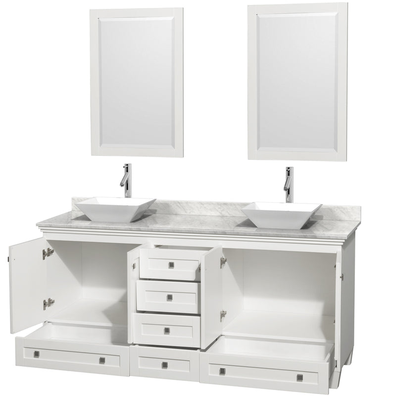 Wyndham Acclaim 72" Double Bathroom Vanity In White White Carrara Marble Countertop Pyra White Sinks and 24" Mirrors WCV800072DWHCMD2WM24