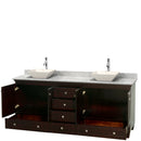 Wyndham Acclaim 80" Double Bathroom Vanity In Espresso White Carrara Marble Countertop Pyra Bone Porcelain Sinks and No Mirrors WCV800080DESCMD2BMXX