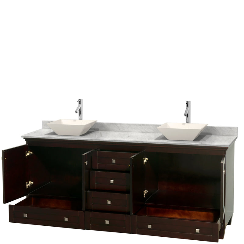 Wyndham Acclaim 80" Double Bathroom Vanity In Espresso White Carrara Marble Countertop Pyra Bone Porcelain Sinks and No Mirrors WCV800080DESCMD2BMXX