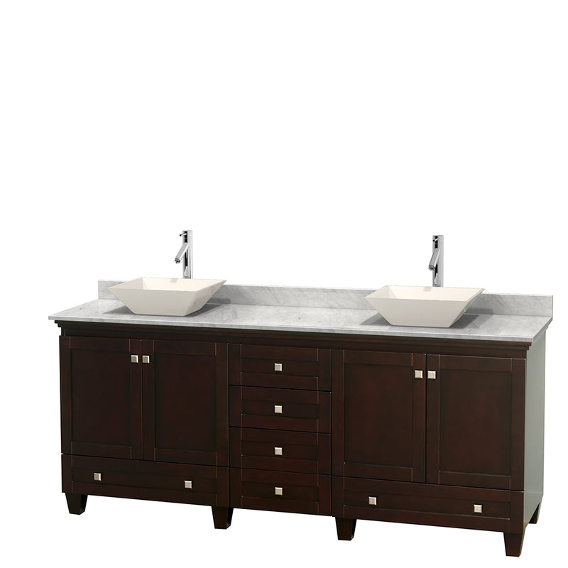 Wyndham Acclaim 80" Double Bathroom Vanity In Espresso White Carrara Marble Countertop Pyra Bone Porcelain Sinks And No Mirrors WCV800080DESCMD2BMXX