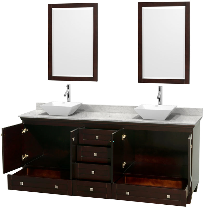 Wyndham Acclaim 80" Double Bathroom Vanity In Espresso White Carrara Marble Countertop Pyra White Porcelain Sinks and 24" Mirrors WCV800080DESCMD2WM24