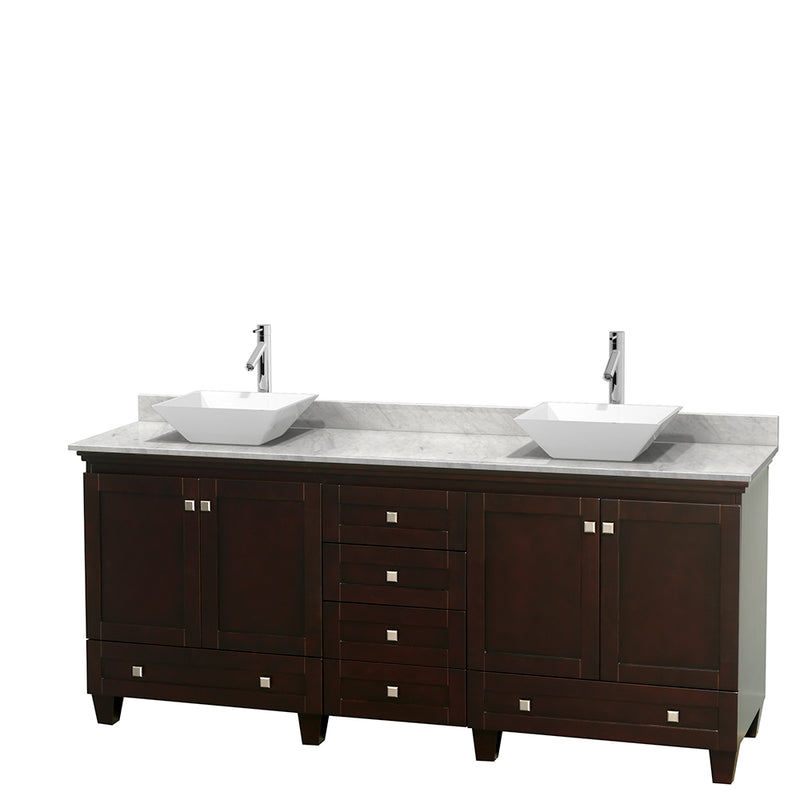 Wyndham Acclaim 80" Double Bathroom Vanity In Espresso White Carrara Marble Countertop Pyra White Porcelain Sinks And No Mirrors WCV800080DESCMD2WMXX