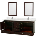 Wyndham Acclaim 80" Double Bathroom Vanity In Espresso White Carrara Marble Countertop Undermount Square Sinks and 24" Mirrors WCV800080DESCMUNSM24