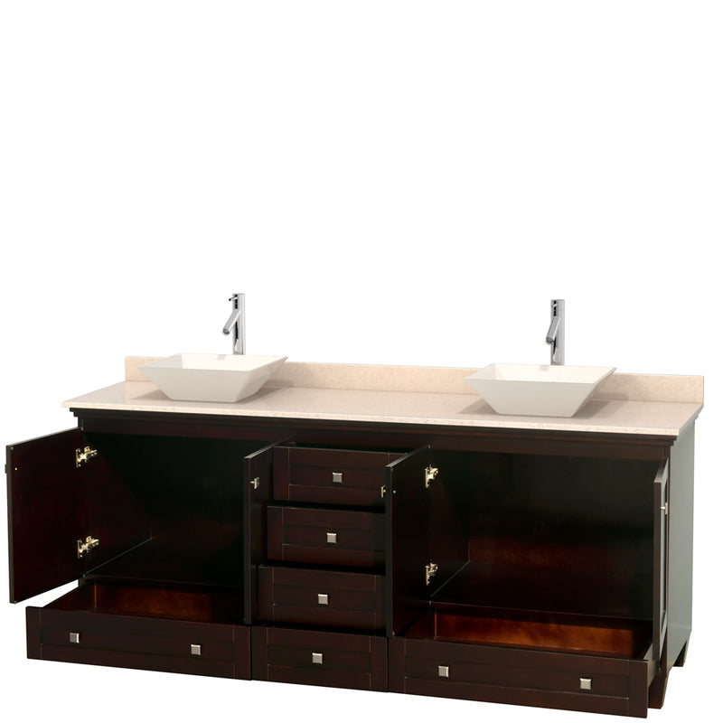 Wyndham AAA Acclaim 80" Double Bathroom Vanity In Espresso Ivory Marble Countertop Pyra Bone Porcelain Sinks and No Mirrors WCV800080DESIVD2BMXX