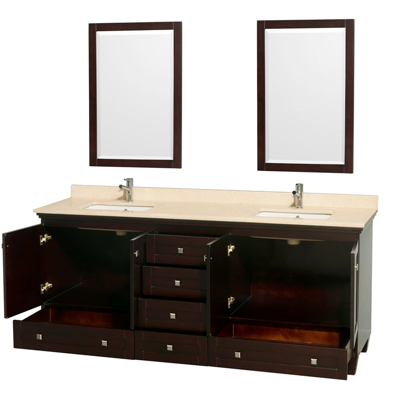 Wyndham AAA Acclaim 80" Double Bathroom Vanity In Espresso Ivory Marble Countertop Undermount Square Sinks and 24" Mirrors WCV800080DESIVUNSM24