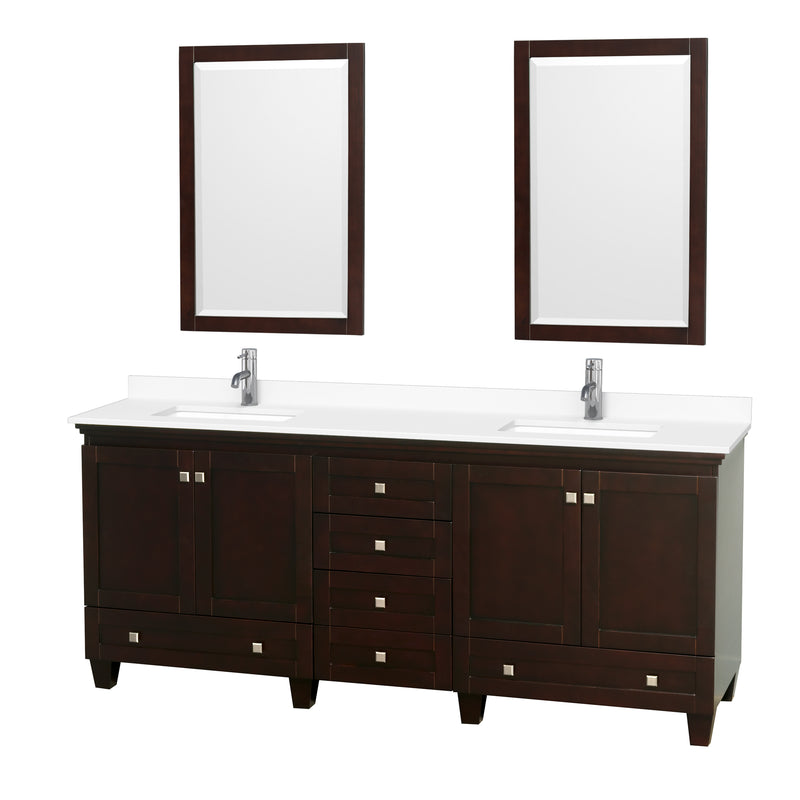 Wyndham Acclaim 80" Double Bathroom Vanity In Espresso White Cultured Marble Countertop Undermount Square Sinks And 24" Mirrors WCV800080DESWCUNSM24