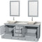 Wyndham Acclaim 80" Double Bathroom Vanity In Oyster Gray White Carrara Marble Countertop Pyra Bone Porcelain Sinks and 24" Mirrors WCV800080DOYCMD2BM24