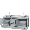 Wyndham Acclaim 80" Double Bathroom Vanity In Oyster Gray White Carrara Marble Countertop Pyra Bone Porcelain Sinks and No Mirrors WCV800080DOYCMD2BMXX