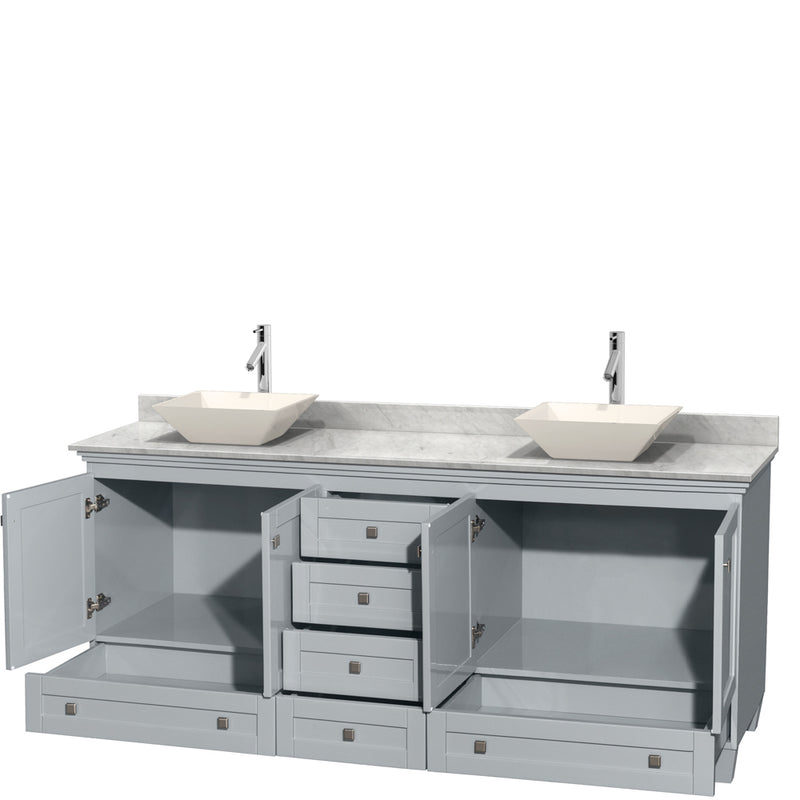 Wyndham Acclaim 80" Double Bathroom Vanity In Oyster Gray White Carrara Marble Countertop Pyra Bone Porcelain Sinks and No Mirrors WCV800080DOYCMD2BMXX