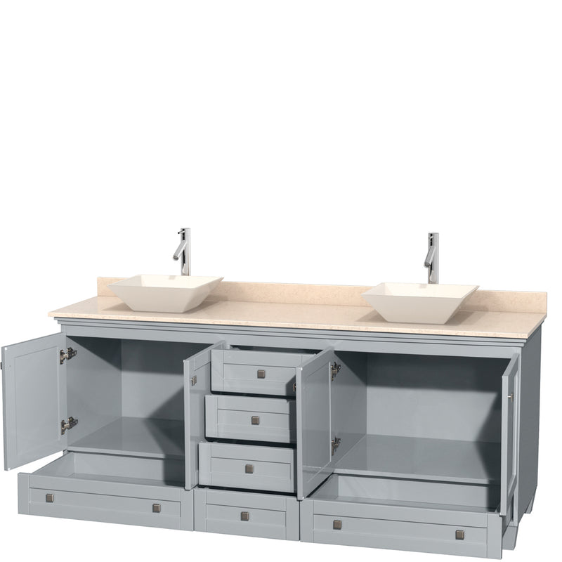 Wyndham AAA Acclaim 80" Double Bathroom Vanity In Oyster Gray Ivory Marble Countertop Pyra Bone Porcelain Sinks and No Mirrors WCV800080DOYIVD2BMXX