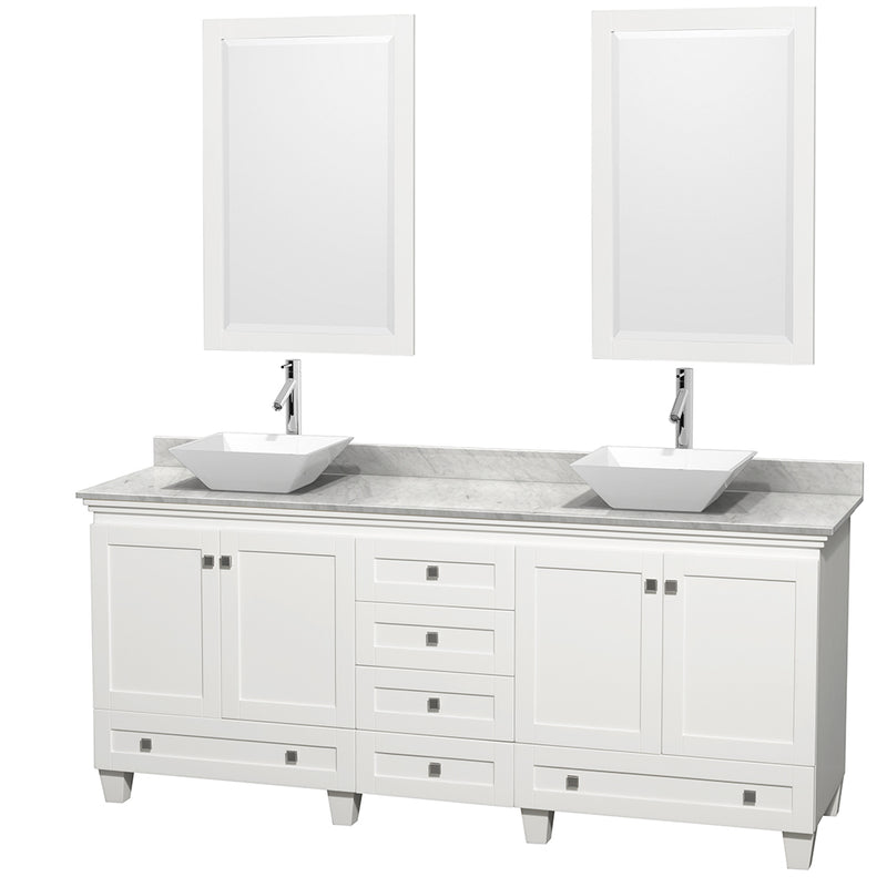 Wyndham Acclaim 80" Double Bathroom Vanity In White White Carrara Marble Countertop Pyra White Porcelain Sinks And 24" Mirrors WCV800080DWHCMD2WM24