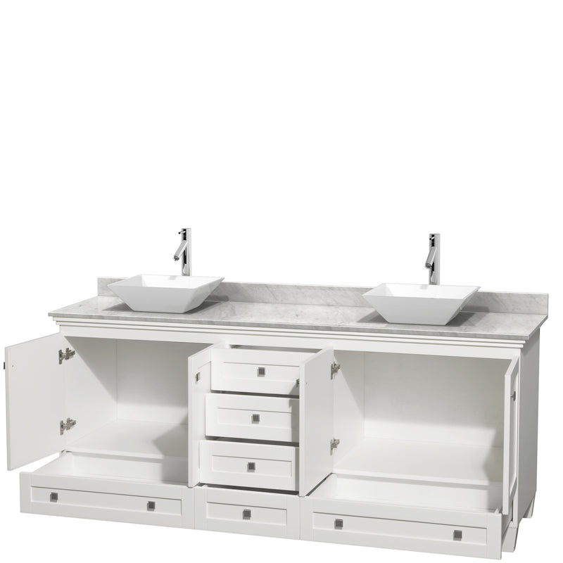 Wyndham Acclaim 80" Double Bathroom Vanity In White White Carrara Marble Countertop Pyra White Porcelain Sinks and No Mirrors WCV800080DWHCMD2WMXX