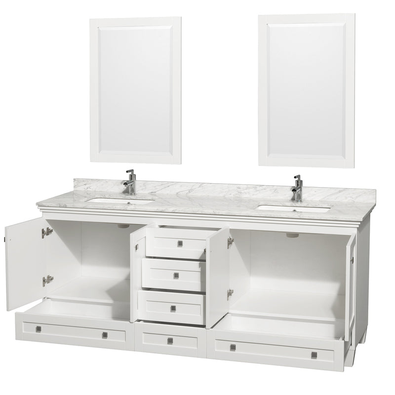 Wyndham Acclaim 80" Double Bathroom Vanity In White White Carrara Marble Countertop Undermount Square Sinks and 24" Mirrors WCV800080DWHCMUNSM24