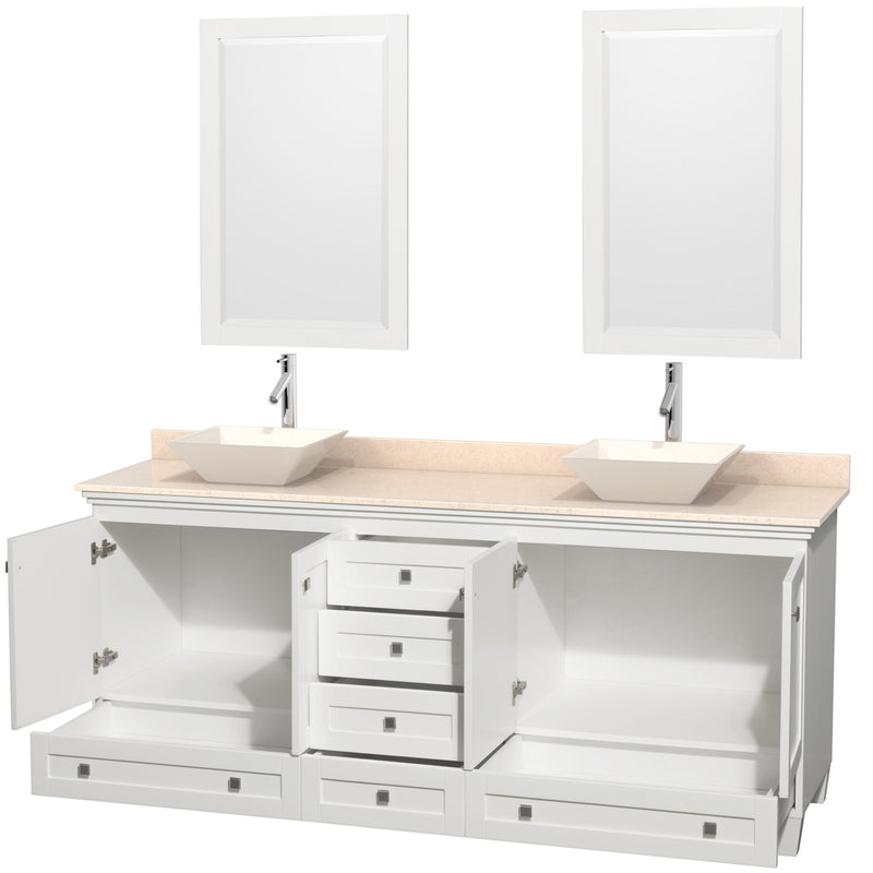 Wyndham AAA Acclaim 80" Double Bathroom Vanity In White Ivory Marble Countertop Pyra Bone Porcelain Sinks and 24" Mirrors WCV800080DWHIVD2BM24