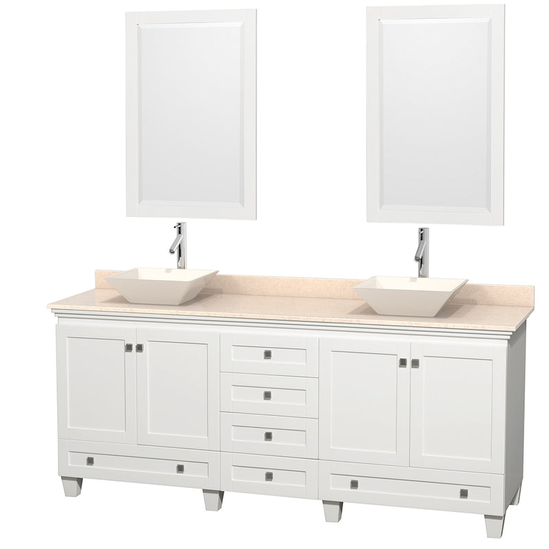 Wyndham AAA Acclaim 80" Double Bathroom Vanity In White Ivory Marble Countertop Pyra Bone Porcelain Sinks And 24" Mirrors WCV800080DWHIVD2BM24