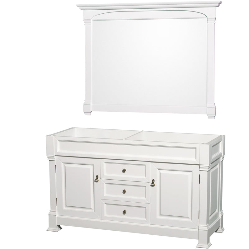 Wyndham AAA Andover 60" Double Bathroom Vanity In White No Countertop No Sink And 56" Mirror WCVTRAD60DWHCXSXXM56