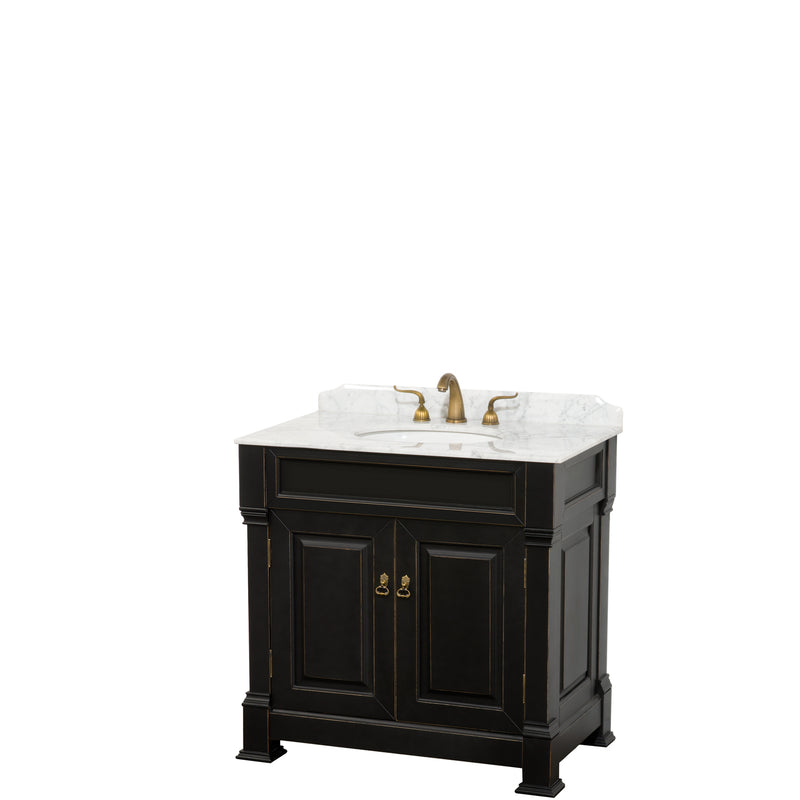 Wyndham Andover 36" Single Bathroom Vanity In Black White Carrara Marble Countertop Undermount Oval Sink And No Mirror WCVTRAS36SBKCMUNOMXX