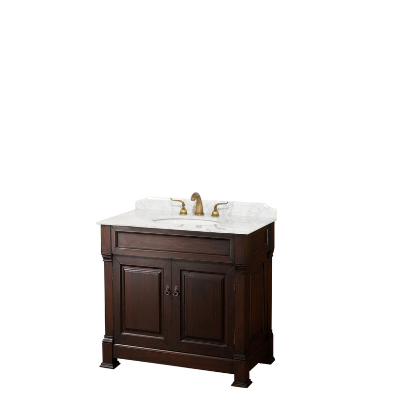 Wyndham Andover 36" Single Bathroom Vanity In Dark Cherry White Carrara Marble Countertop Undermount Oval Sink And No Mirror WCVTRAS36SDCCMUNOMXX