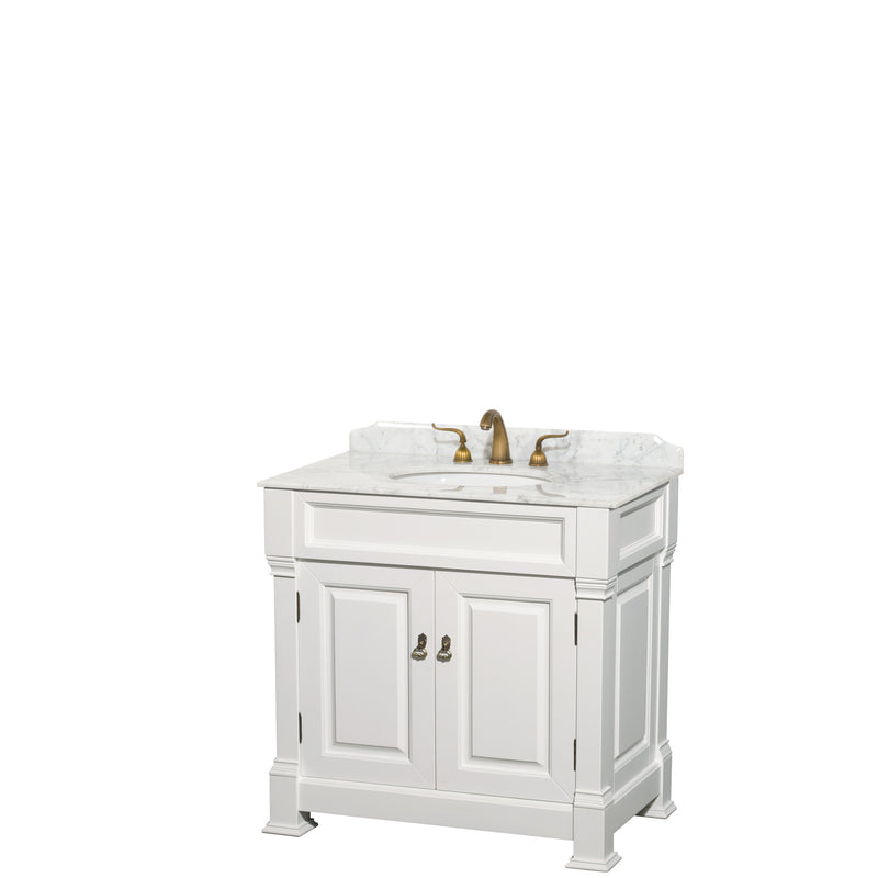 Wyndham Andover 36" Single Bathroom Vanity In White White Carrara Marble Countertop Undermount Oval Sink And No Mirror WCVTRAS36SWHCMUNOMXX