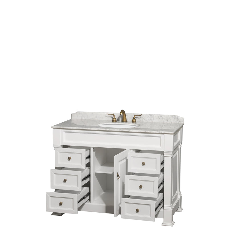 Wyndham Andover 48" Single Bathroom Vanity In White White Carrara Marble Countertop Undermount Oval Sink and No Mirror WCVTRAS48SWHCMUNOMXX