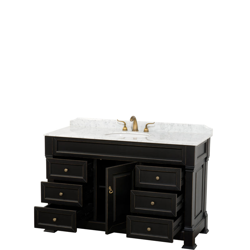 Wyndham Andover 55" Single Bathroom Vanity In Black White Carrara Marble Countertop Undermount Oval Sink and No Mirror WCVTRAS55SBKCMUNOMXX