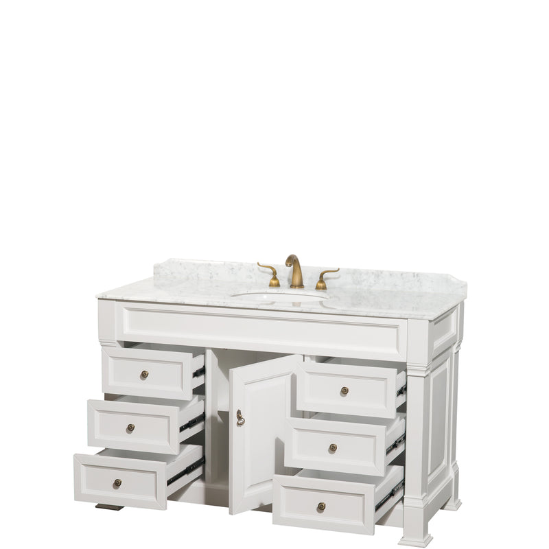 Wyndham Andover 55" Single Bathroom Vanity In White White Carrara Marble Countertop Undermount Oval Sink and No Mirror WCVTRAS55SWHCMUNOMXX