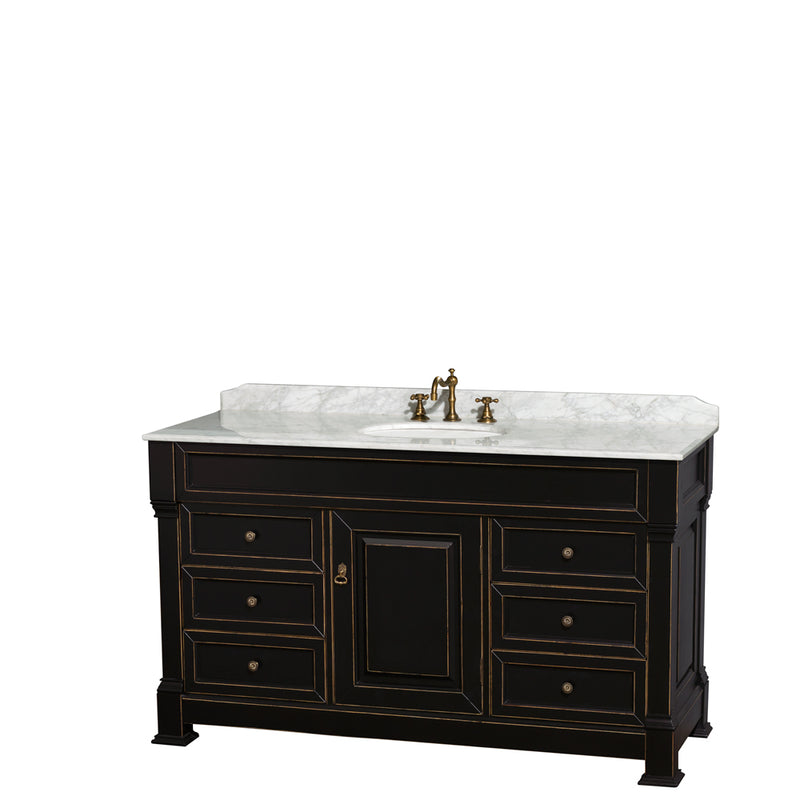 Wyndham Andover 60" Single Bathroom Vanity In Black White Carrara Marble Countertop Undermount Oval Sink And No Mirror WCVTRAS60SBKCMUNOMXX