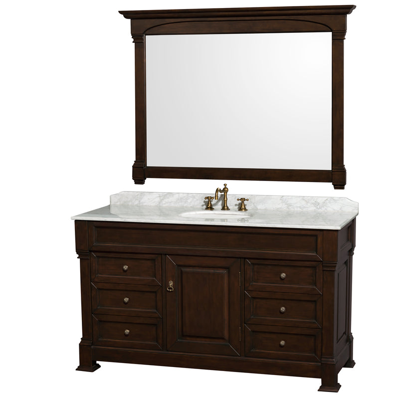 Wyndham Andover 60" Single Bathroom Vanity In Dark Cherry With White Carrara Marble Top With White Undermount Round Sink And 56" Mirror WCVTRAS60SDCCMUNDM56