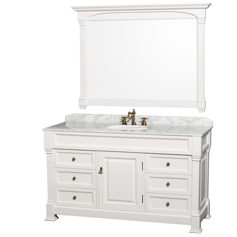 Wyndham Andover 60" Single Bathroom Vanity In White With White Carrara Marble Top With White Undermount Round Sink And 56" Mirror WCVTRAS60SWHCMUNDM56