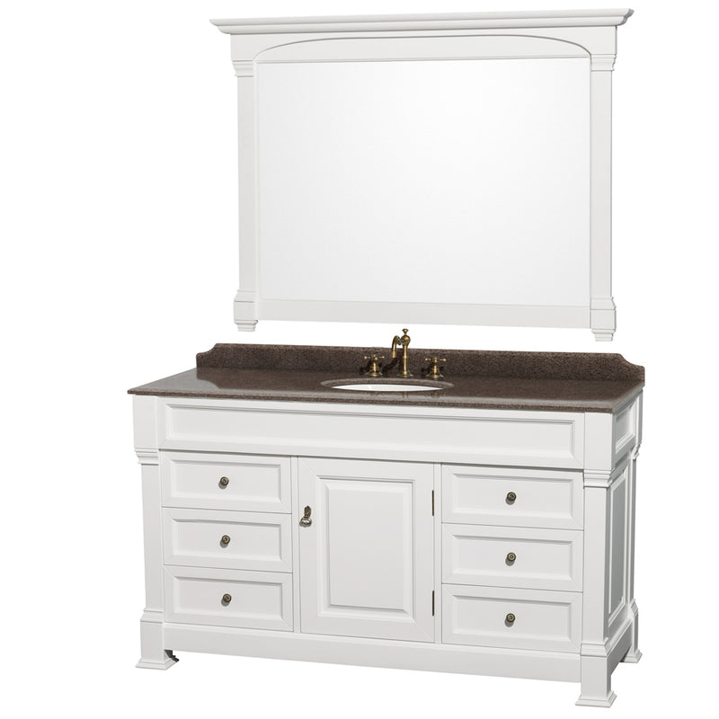 Wyndham AAA Andover 60" Single Bathroom Vanity In White Imperial Brown Granite Countertop Undermount Oval Sink And 56" Mirror WCVTRAS60SWHIBUNOM56