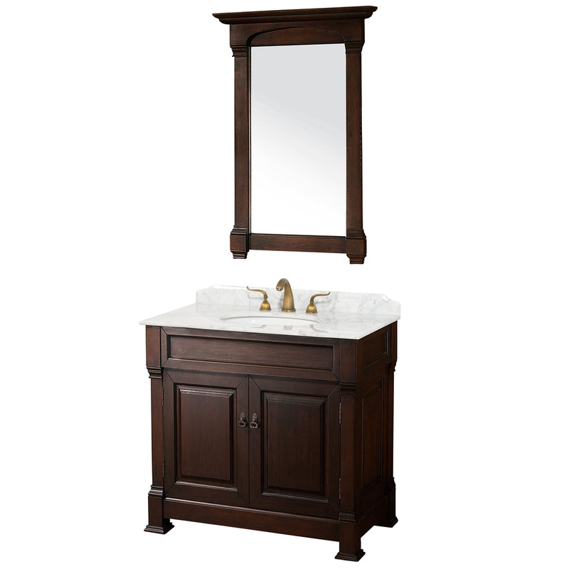 Wyndham Andover 36" Single Bathroom Vanity In Dark Cherry White Carrara Marble Countertop White Undermount Round Sink And 28" Mirror WCVTS36DCHCW