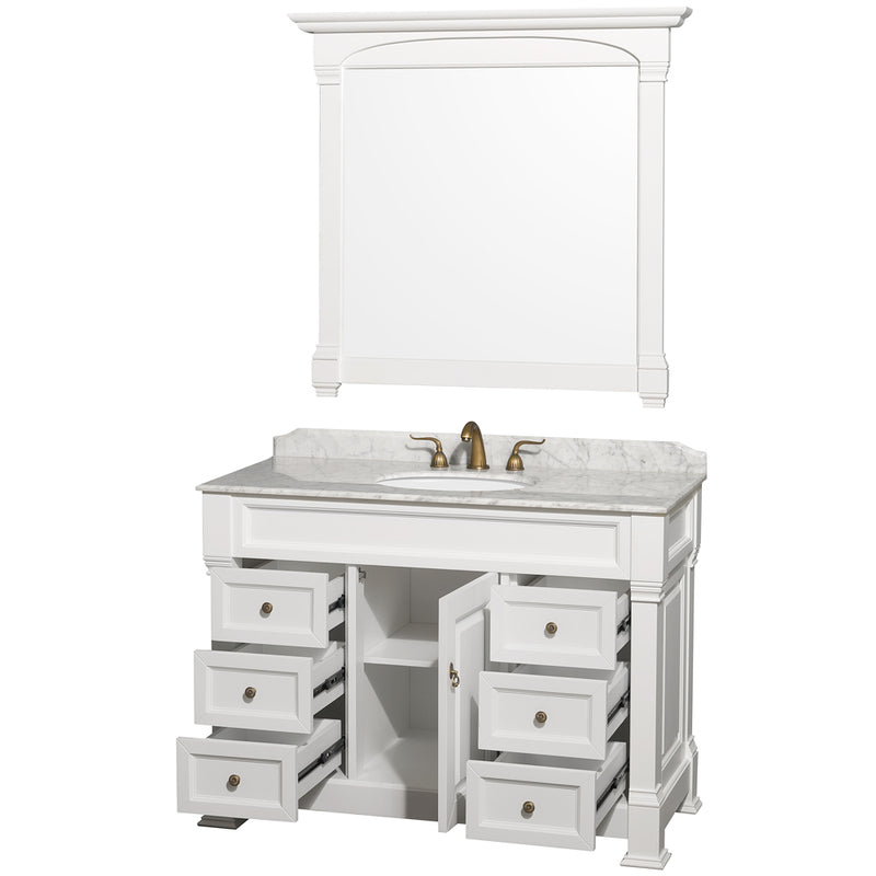 Wyndham Andover 48" Single Bathroom Vanity In White White Carrara Marble Countertop White Undermount Round Sink and 44" Mirror WCVTS48WHCW