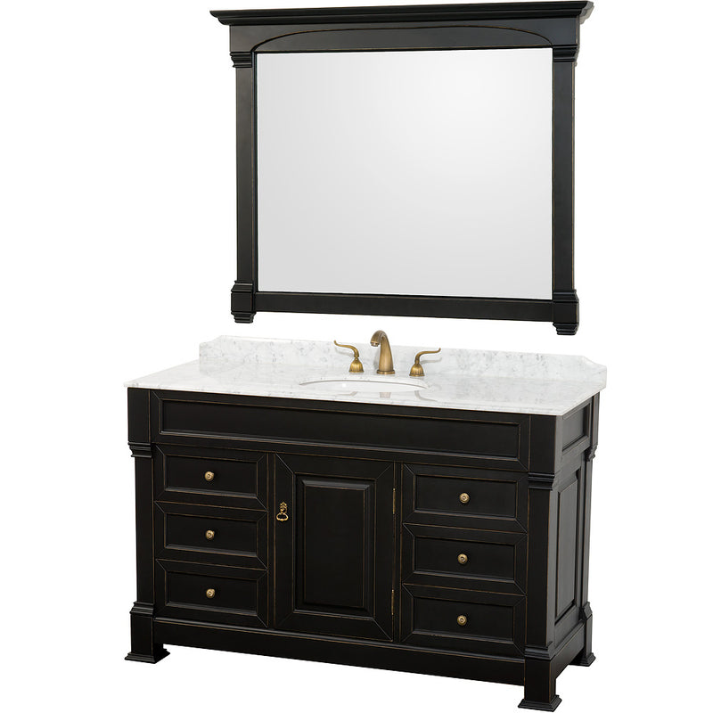 Wyndham Andover 55" Single Bathroom Vanity In Antique Black White Carrara Marble Countertop White Undermount Sink And 50" Mirror WCVTS55BLCW