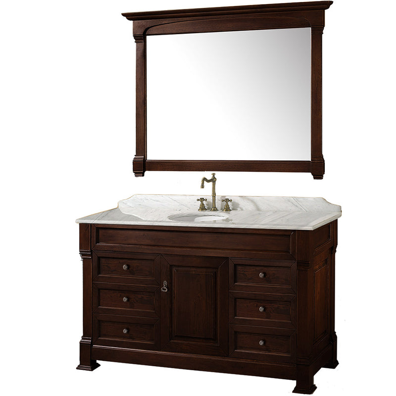 Wyndham Andover 55" Single Bathroom Vanity In Dark Cherry White Carrara Marble Countertop White Undermount Sink And 50" Mirror WCVTS55DCHCW