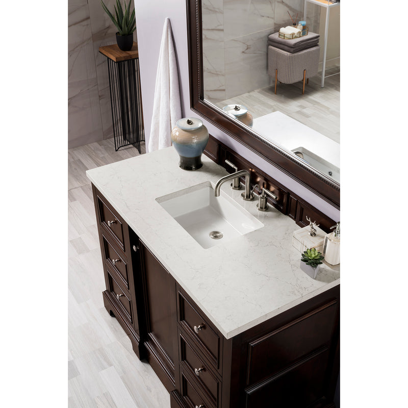 James Martin De Soto 48" Single Vanity Burnished Mahogany with 3 cm Eternal Jasmine Pearl Quartz Top 825-V48-BNM-3EJP