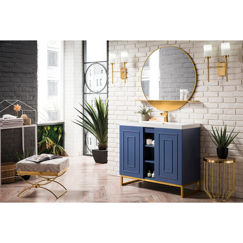 James Martin Alicante' 39.5" Single Vanity Cabinet Azure Blue Radiant Gold with White Glossy Composite Countertop E110V39.5AZBRGDWG