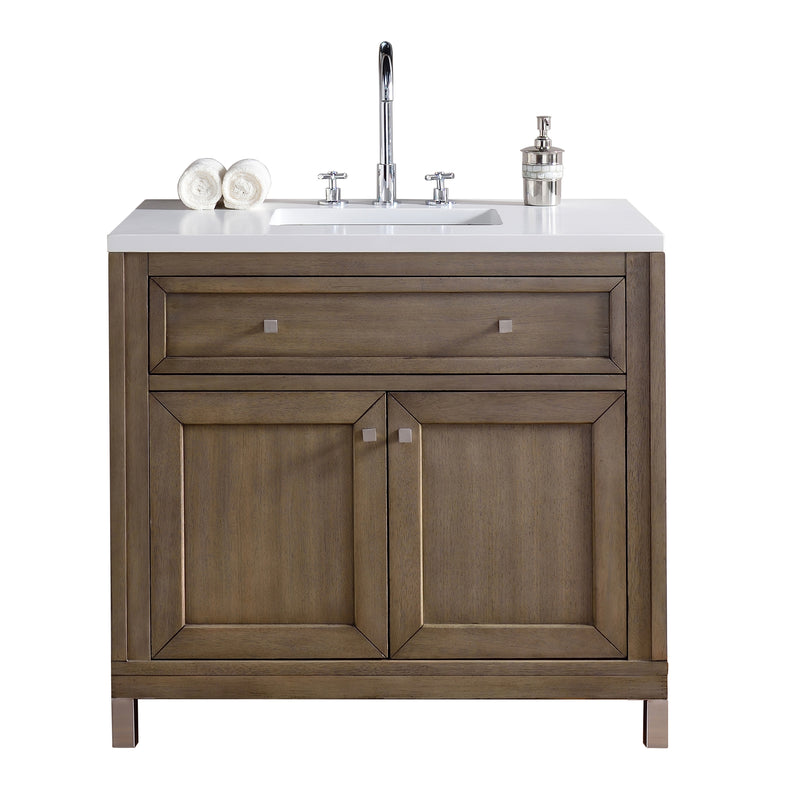 James Martin Chicago 36" Single Vanity Whitewashed Walnut with 3 cm Classic White Quartz Top 305-V36-WWW-3CLW